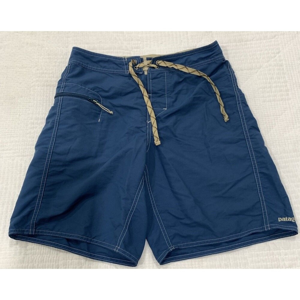 Patagonia Men’s Swim Board Shorts Blue Tan Size 28 Rear Pocket